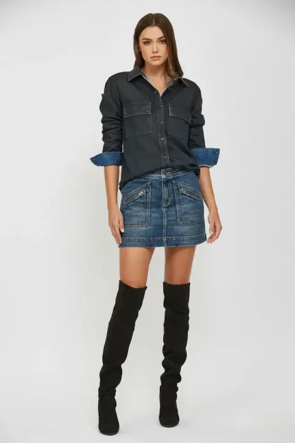 [PEYTON] Dark Wash Front Patch Zipper Pockets Mid Rise Mini Skirt (3)